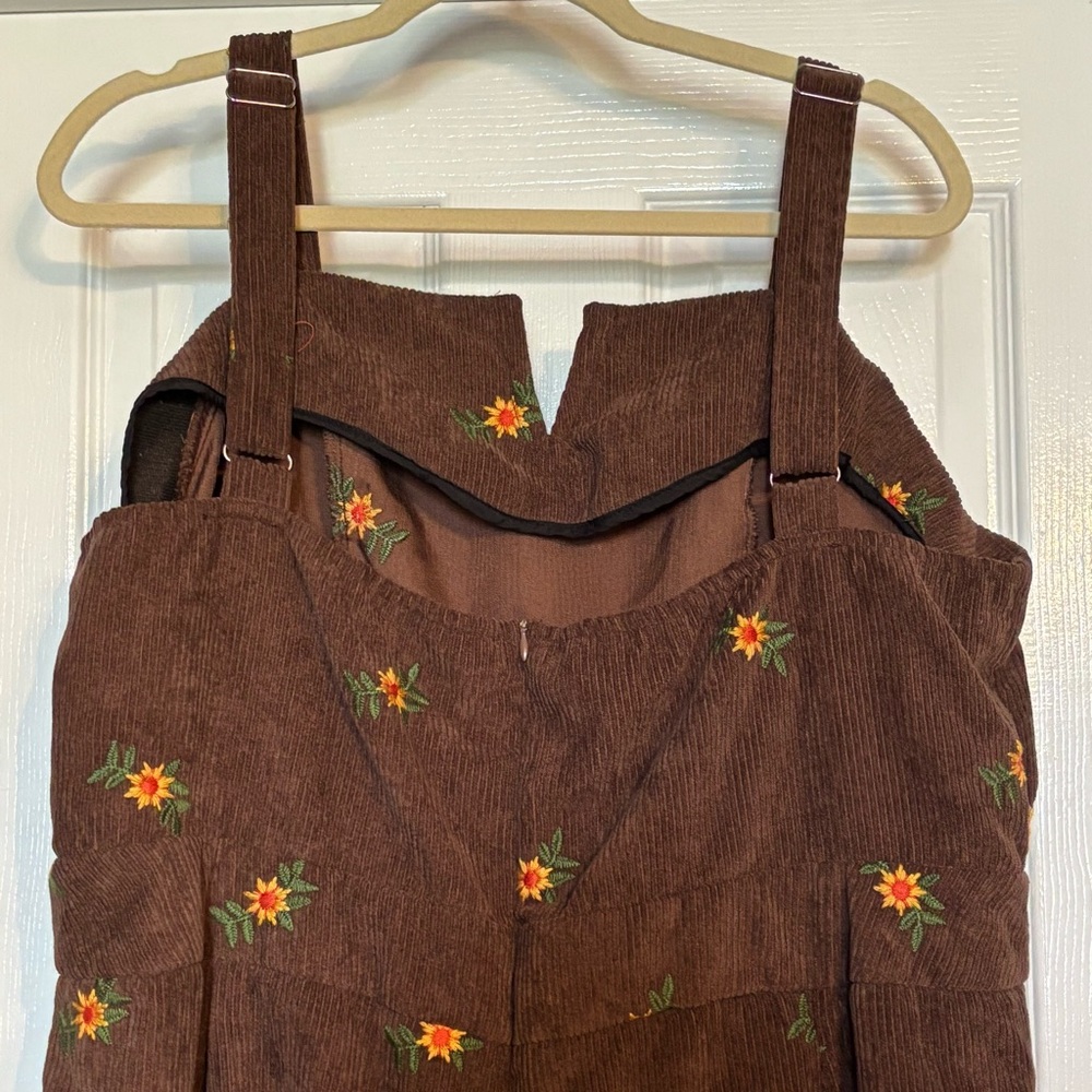 Cider Brown Corduroy Overalls with Orange Floral Embroidery - Picture 4 of 6